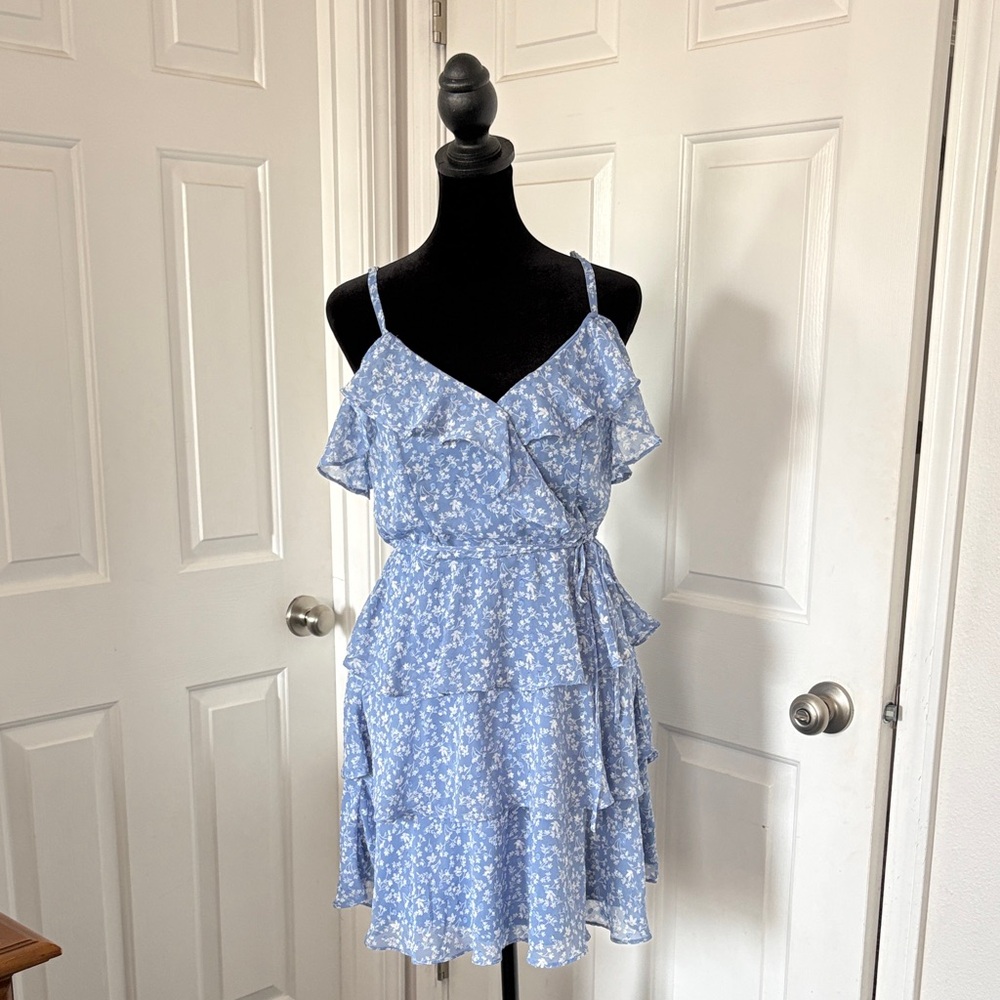 I.N. Floral Blue Ruffle Mini Dress With Cold Shoulder